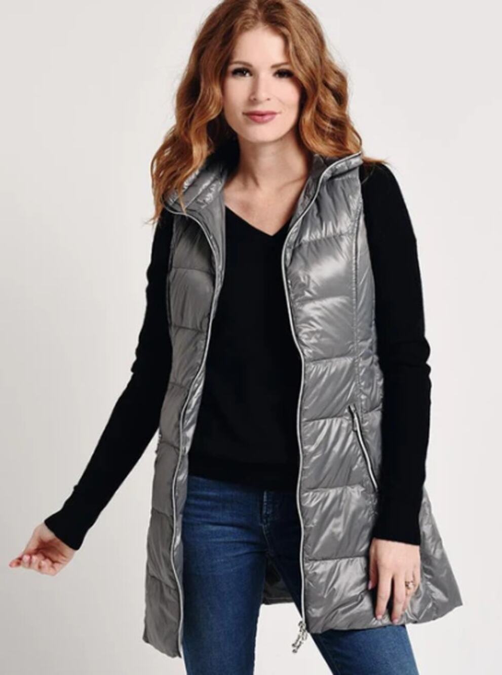 My Anorak Metallic Silver Long-Line Double Zipper Down Puffer Vest, Size XS